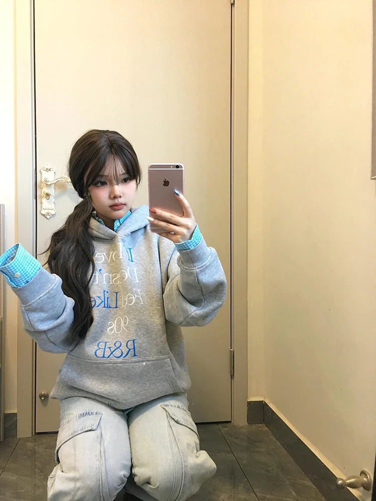 ey Oversize Hoodie Women's Spring Letter Print Loose Outerwear Chic Lazy American Sle Long Sve Commute Length Regular Fit