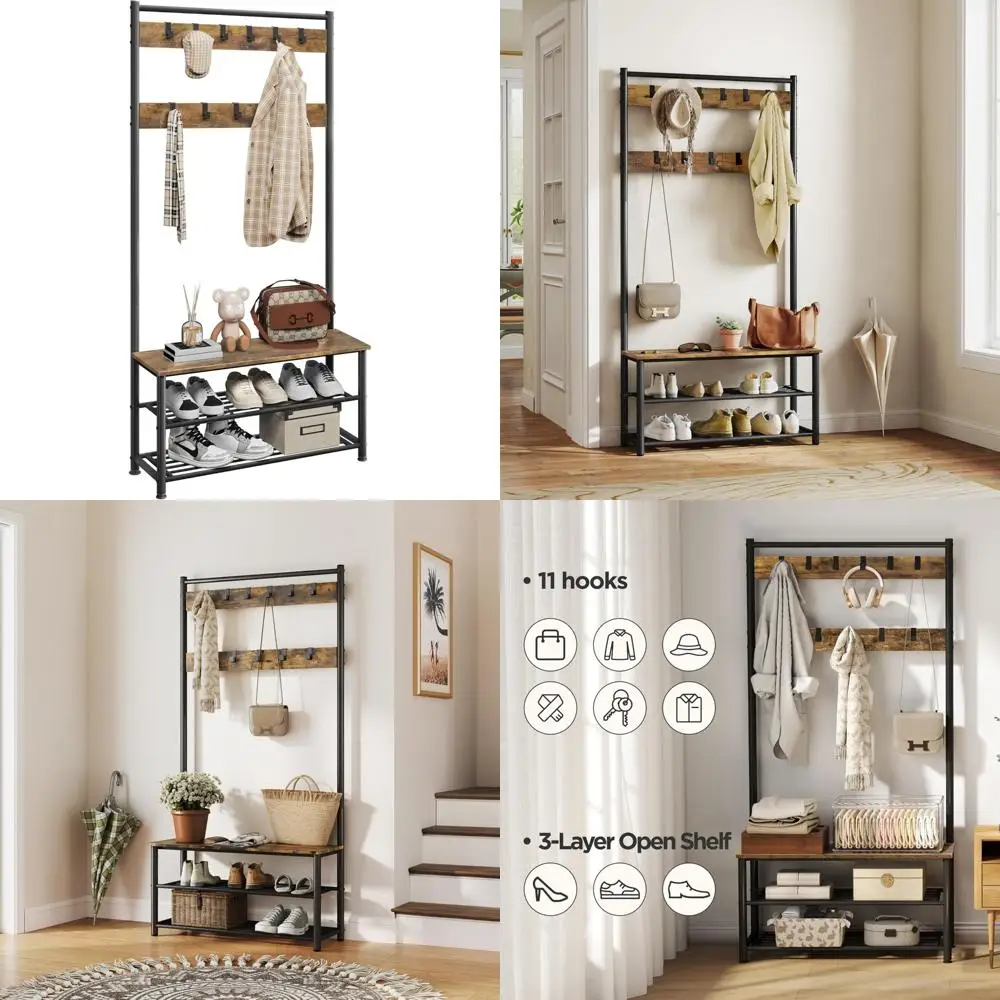 

Металлическое дерево для промышленных прихожей с 11 крючками и скамейкой для обуви, вешалкой для одежды 3-в-1 и полками для хранения вещей