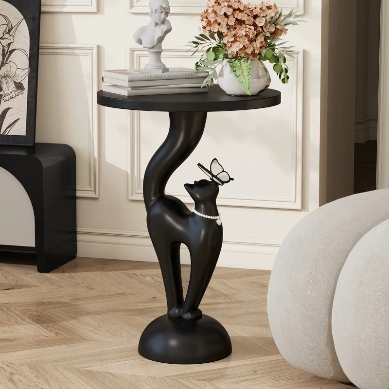 

Cat Sculpture Side Shelf, Creative Coffee Small Unit for Living Room, Creamy French Bedroom End Table, Large Tray Storage Stand