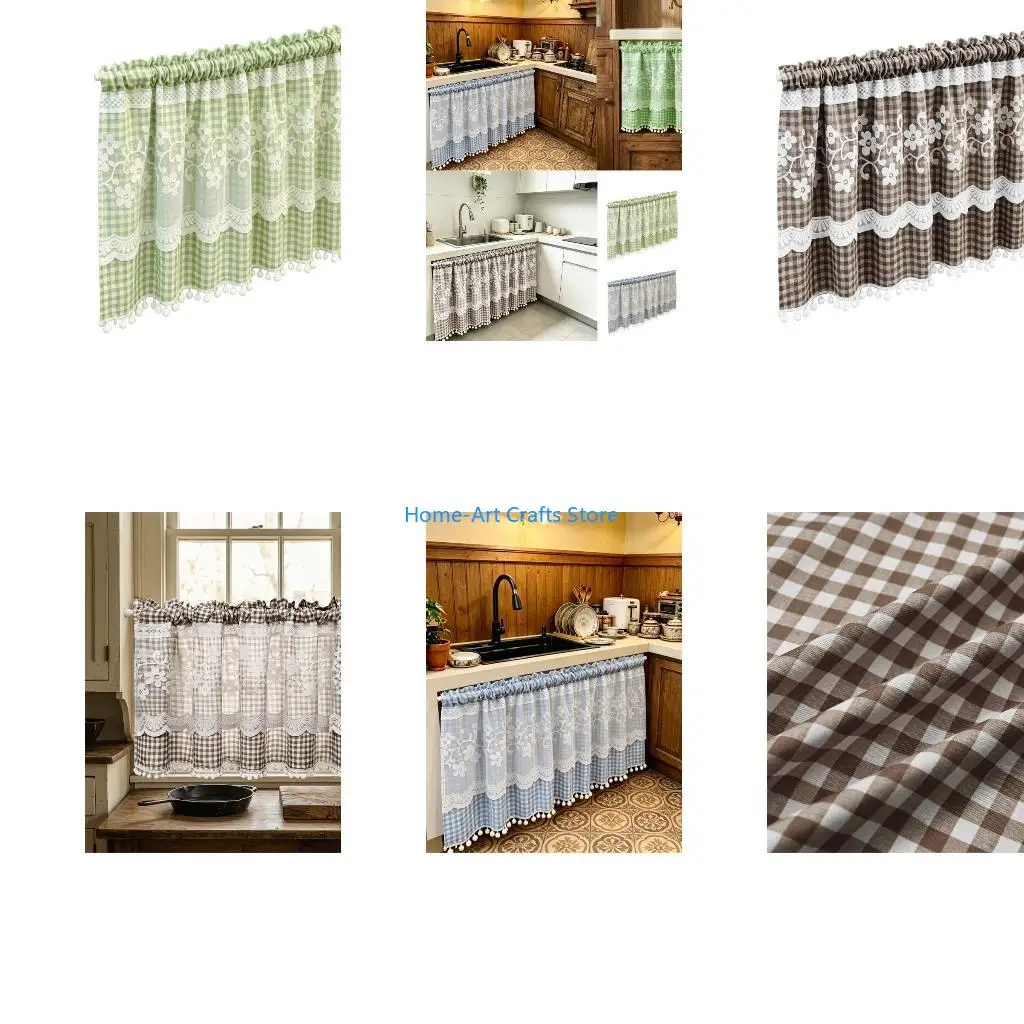 Y3NA Gingham Trim Short Curtain for Sink Glass and Cabinet Front Coverage