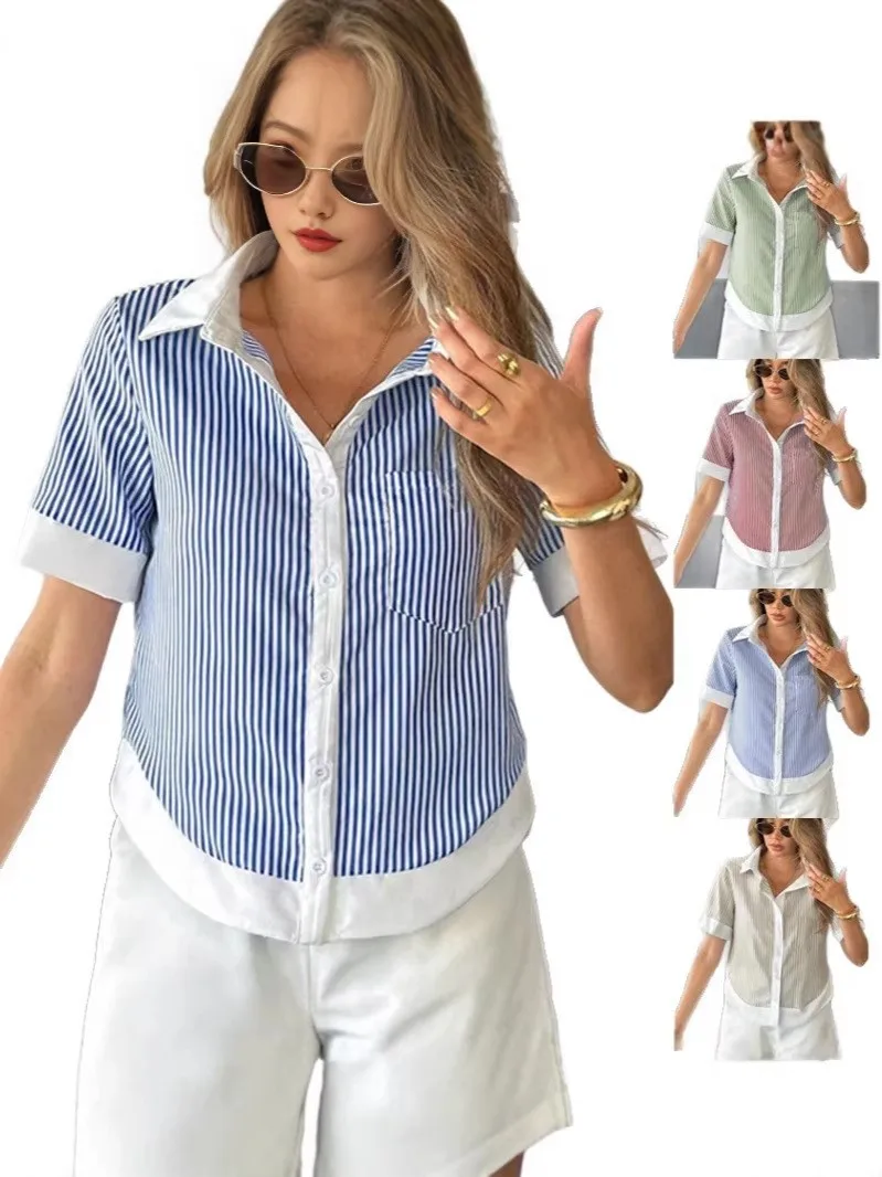 

Весенняя женская одежда: рубашка с коротким рукавом, с цветными блоками и полосатым узором, милый повседневный стиль, стандартный крой, топ из полиэстера