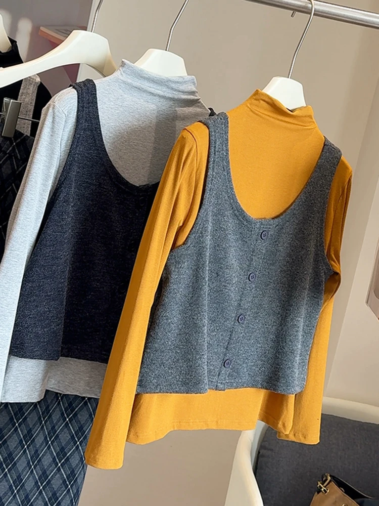 

Корейский вязаный комплект из двух предметов: удлиненный жилет и топ. Новинка весеннего сезона. Базовый слой для женщин. Антивозрастной женский топ.