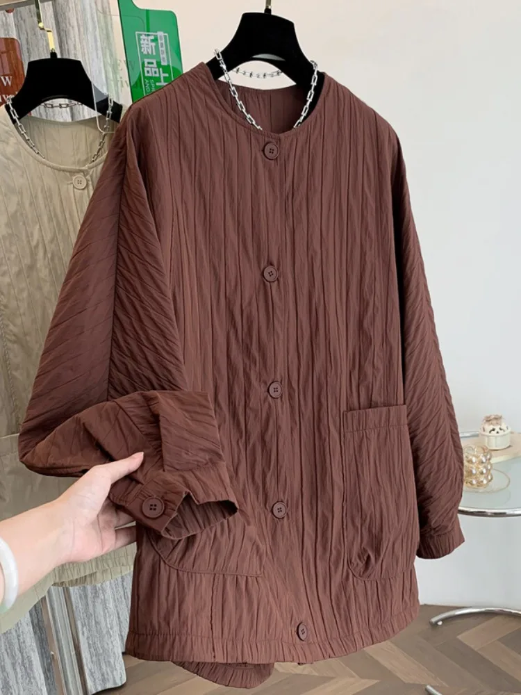 レトロな質感のラウンドネック、レディースルーズフィット、韓国風アウター、ロングスリーブコート、ウィンドブレーカートップ、2025年秋向け