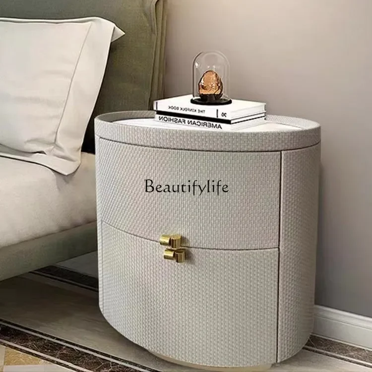 

yj7 Italian Minimalist Solid Wood Bedside Table Woven Pattern Light Luxury Oval Rock Board High-end Bedside Cabinet Bedroom