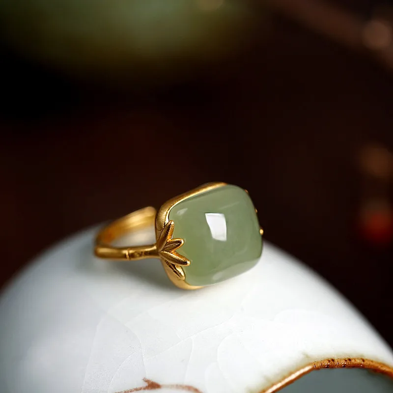 Vintage Accessories for Women Gold Plated Imitation Green Stone Rings for Women Adjustable Ring Nephrite Wedding Jewelry Gift