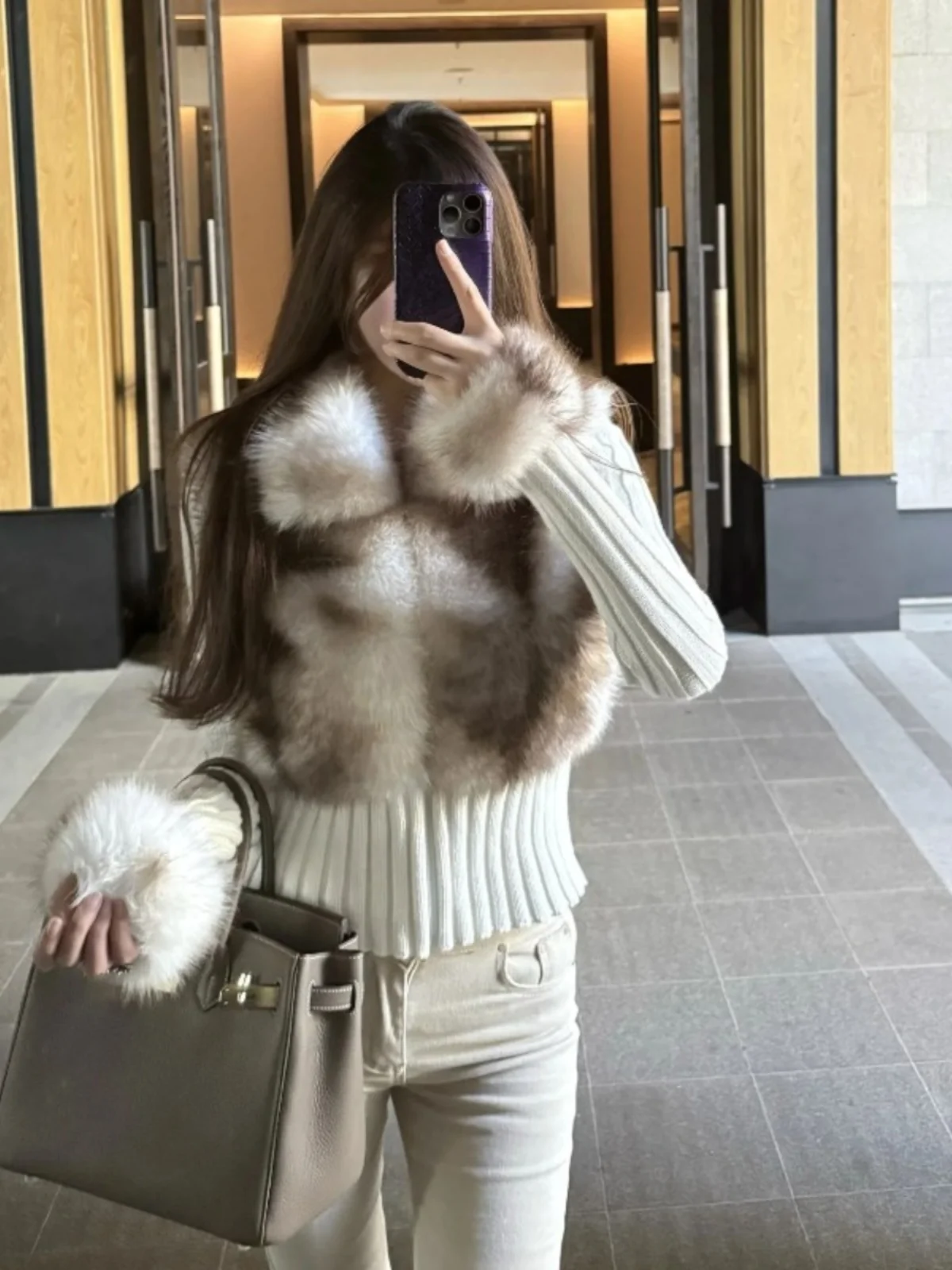 

Retro High-End Fur And Knitted Outerwear Youthful Sle Faionable Autumn New Arrival Women's Coat Warm Color Long Sve