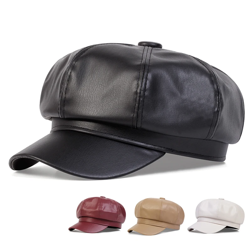 Unisex PU Leather Octagonal Hat Military Hats Flat Top Baseball Caps For Women Men Outdoor Sports Cadet Sunscreen Hat