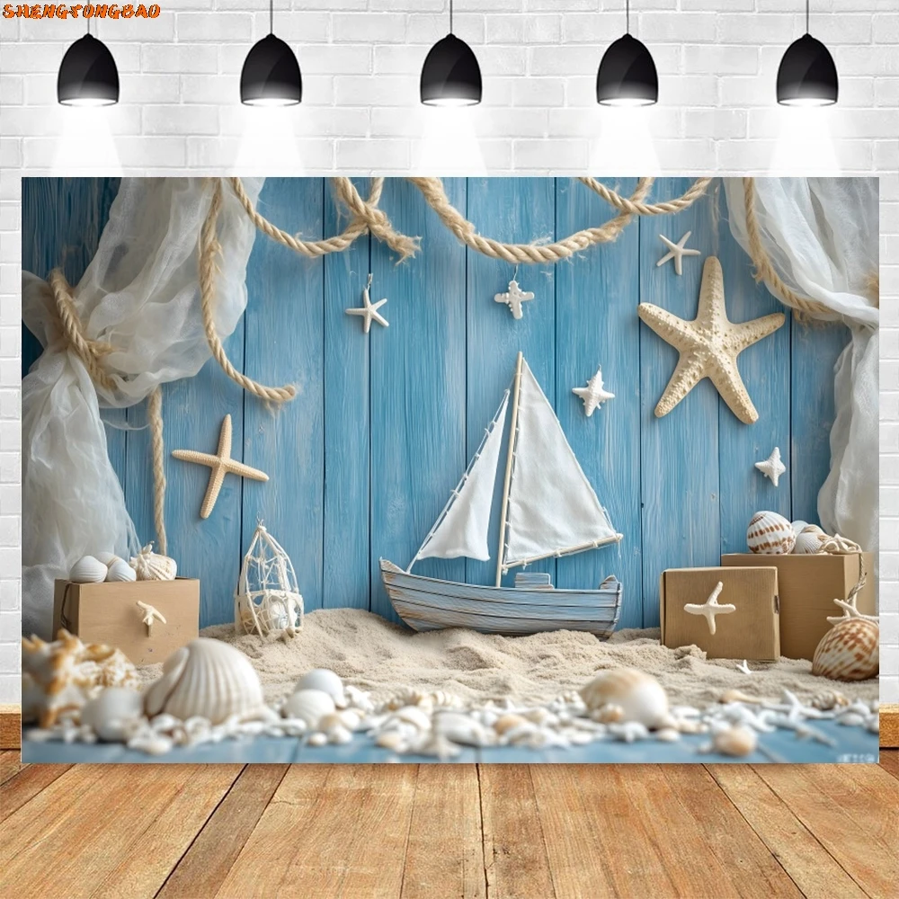 Toile de fond de photographie sur le thème de la voile d'été, voilier en bois, décoration de fête d'anniversaire pour enfants, fond de portrait d'enfants, plage