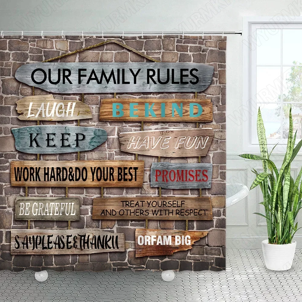 Creative Family Rules Shower Curtain Set Funny Inspirational Quotes Aphorism Wood Board Retro Brick Wall Bathroom Curtains Decor