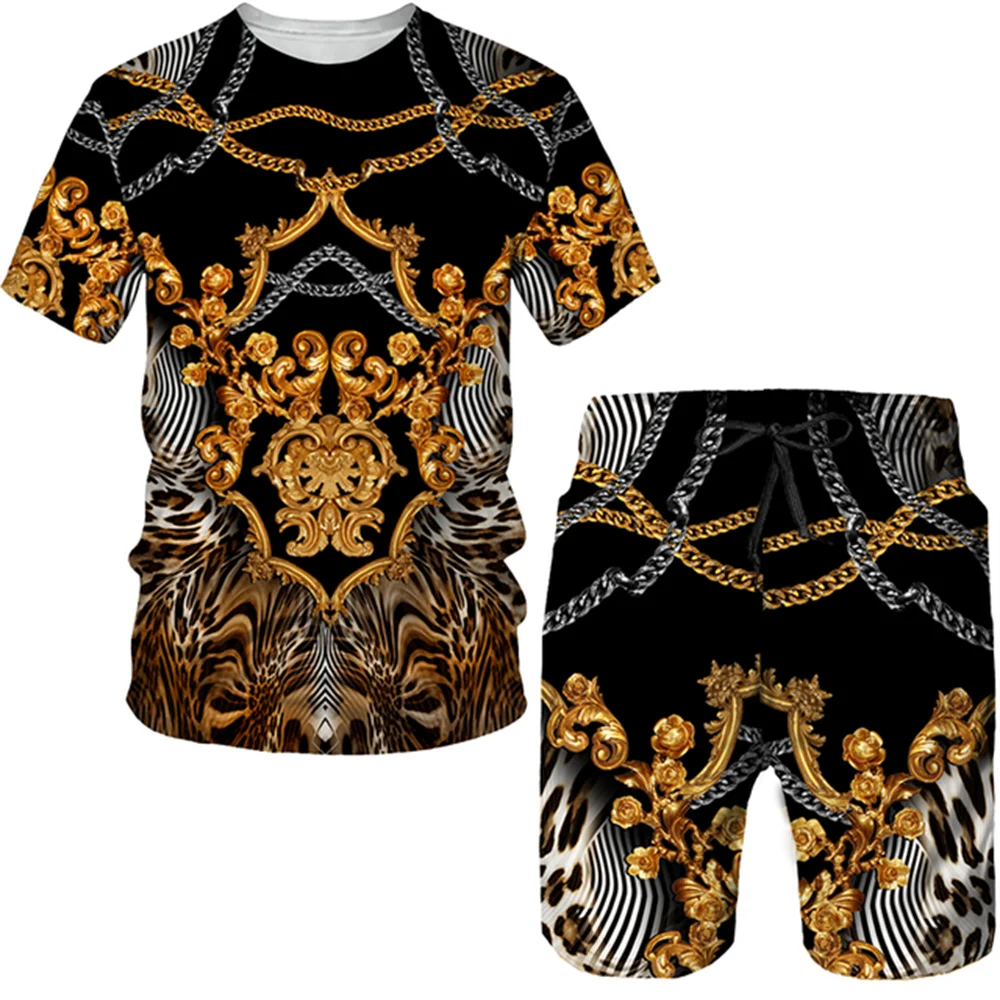 Summer 3D Printed T-shirt Shorts 2-Piece Casual  Luxury Retro Gold Pattern Men\'s  Sports Suit Fashionable 2023 Street Men\'s Wear