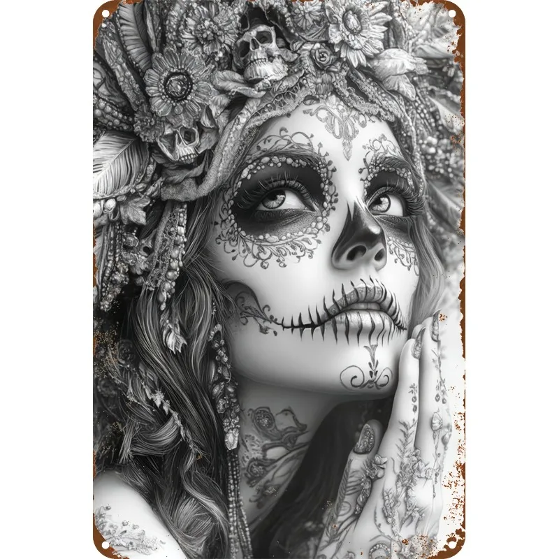 Vintage Day of The Dead Metal Tin Sign, 8x12 Inch Aluminum Wall Hanging Decorative Plaque for Home, Living Room, Bedroom, Office