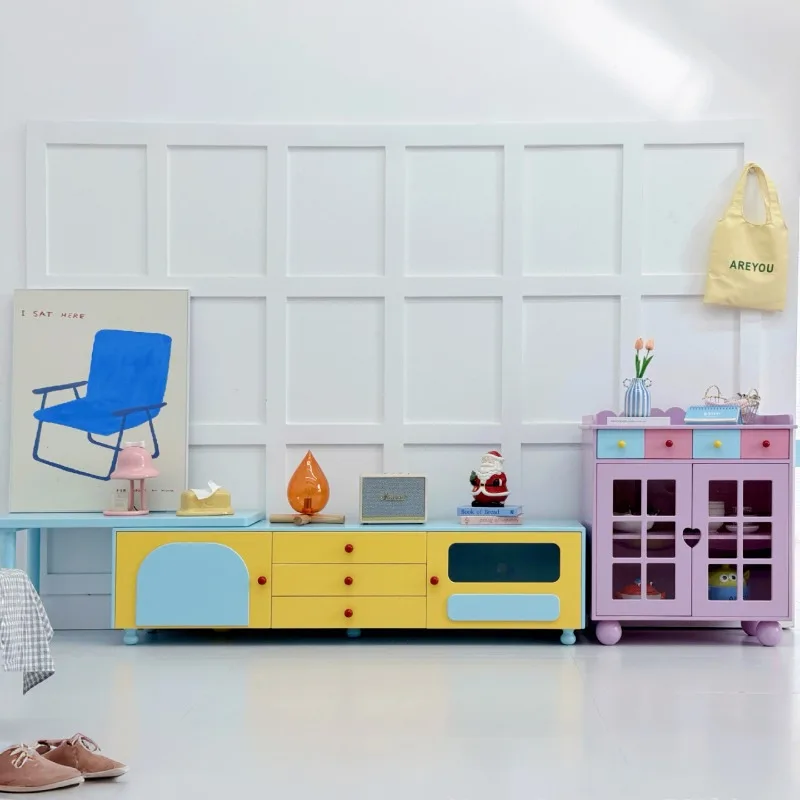 Telescopic TV cabinet Small apartment solid wood storage cabinet combination dopamine living room household floor cabinet