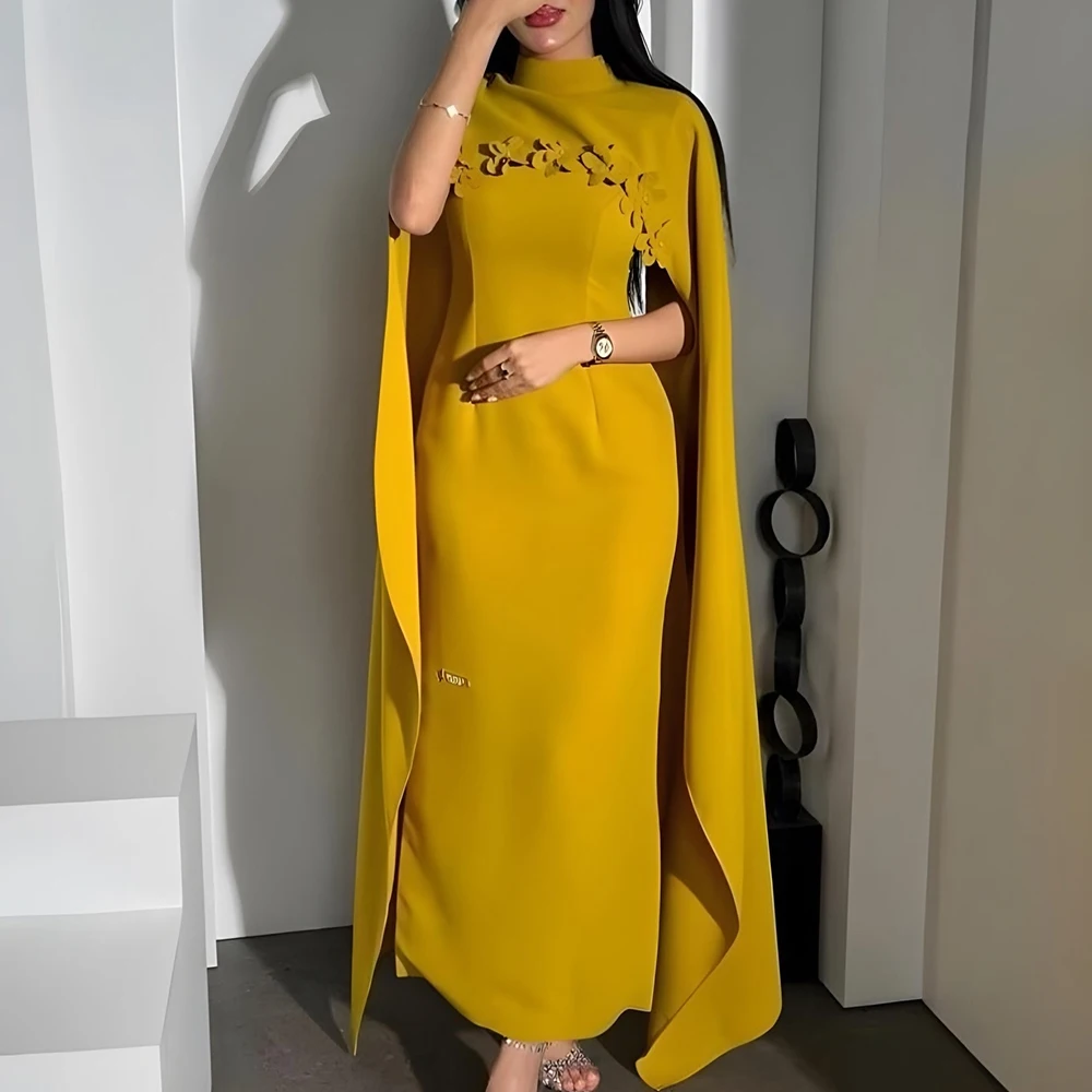 Exquisite Appliques Shawl Jersey Evening Dresses Temperament Straight Ankle Length High Neckline Long Sleeves Vestidos De Noche