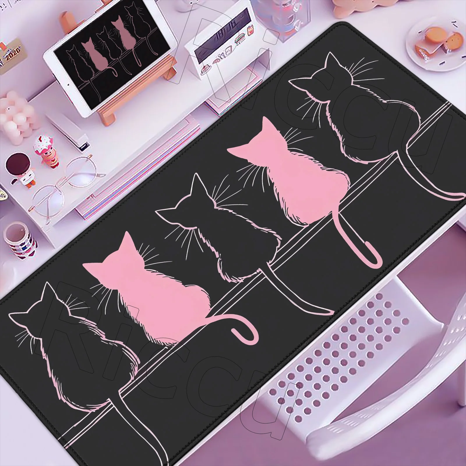 Tapete de mouse grande para escritório, xxl, gato fofo, 900x400mm, kawaii, acessórios de mesa de computador, mousepad grande, almofadas de borracha para gamer