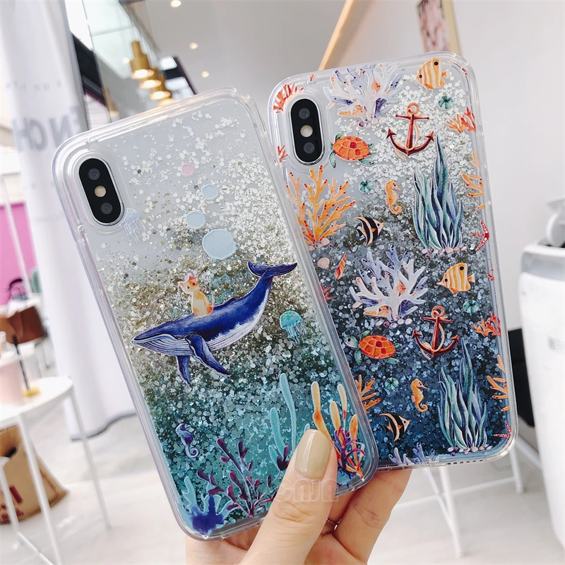 Whale Coral Seaweed For Xiaomi 13 12 12X Mi 11i 2022 11 Lite Case Glitter Shiny Liquid Quicksand Clear Cover