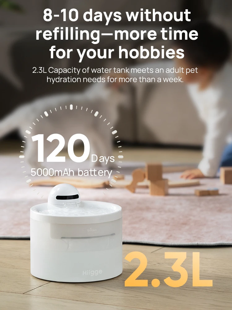 Hiigge Smart Pet Water Fountain Snowball, 120-Day Battery, APP Water Quality Monitor & 24/7 Hydration Tracking for Cats and Dogs