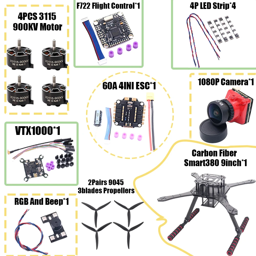 B-CUBE Smart380 450 9/10inch FPV Drone Frame Kit Carbon Fiber Racing Quadcopter Freestyle INAV Beatflight F722 Flight Control