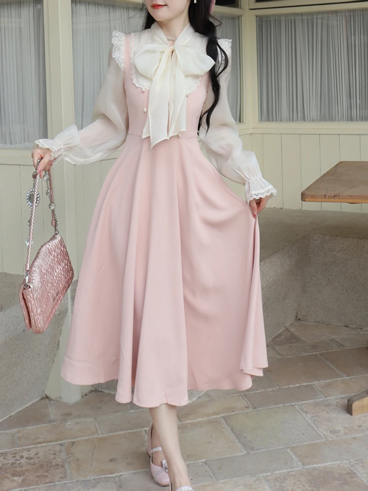 Korean Cute Fancy Outfits 2025 Winter Lace Vintage Fairy Dress Women  Patchwork Elegant Long
