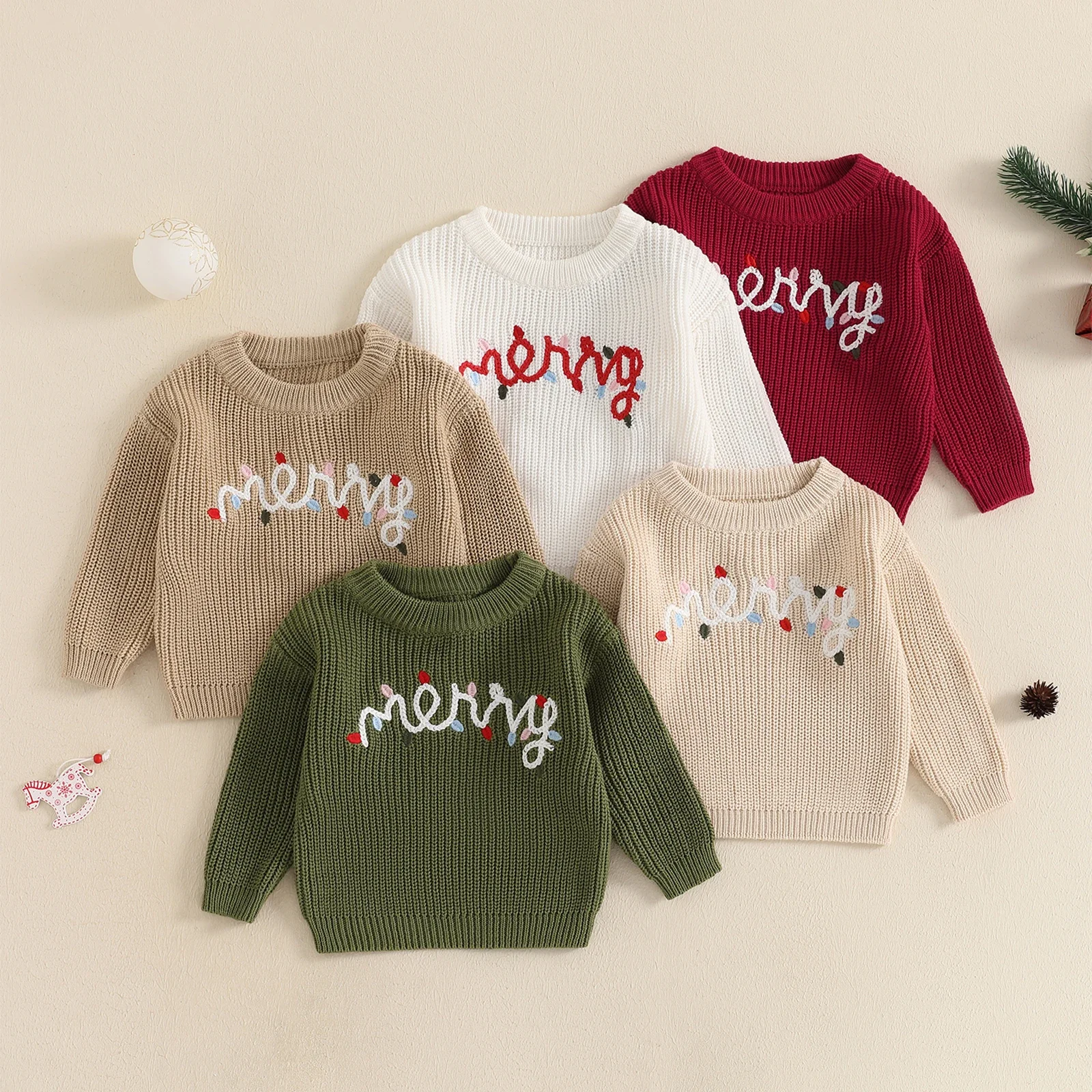 

VISgogo 0-3 Years Toddler Boy Girl Christmas Sweater Letter Embroidery Long Sleeve Round Neck Chunky Knitwear Pullover Fall Tops