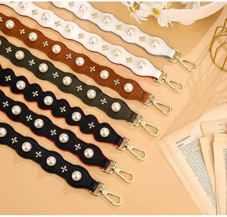 90cm Long Pearl Flower Leather Bag Strap Replacement for Women Handbag Handle Wide Belt Shoulder Crossbody Bag Strap DIY Сustom