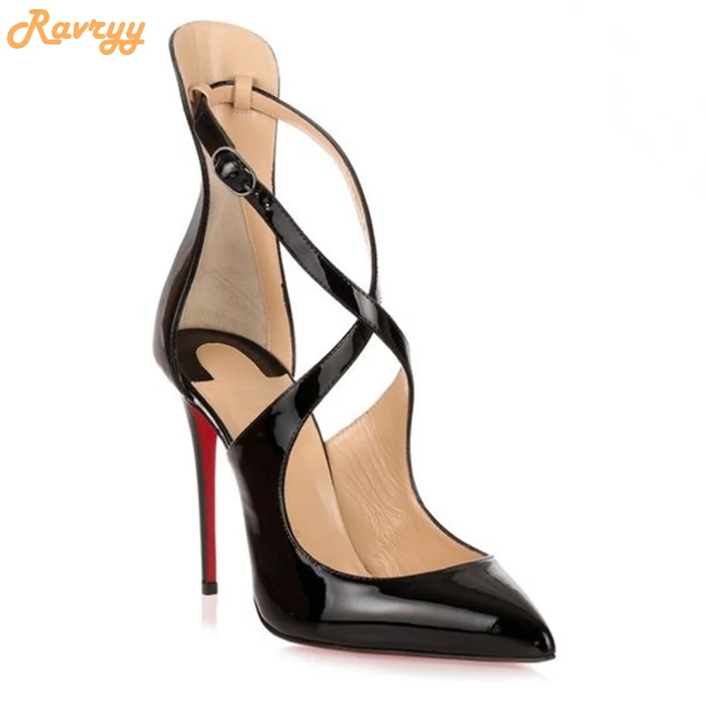 Women Sexy Pumps Pointed Toe Stiletto Heel Patent Leather Shoes Cross Strap High Heels Shallow Fashion  Solid Color Pumps