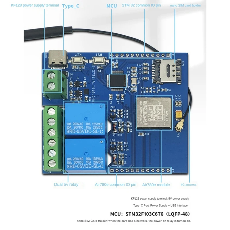 تيار مستمر 5 فولت STM32 4G شبكة ثنائي الاتجاه التتابع مجلس التنمية على متن AIR780E وحدة الإدخال/الإخراج ميناء STM32 مجلس التنمية