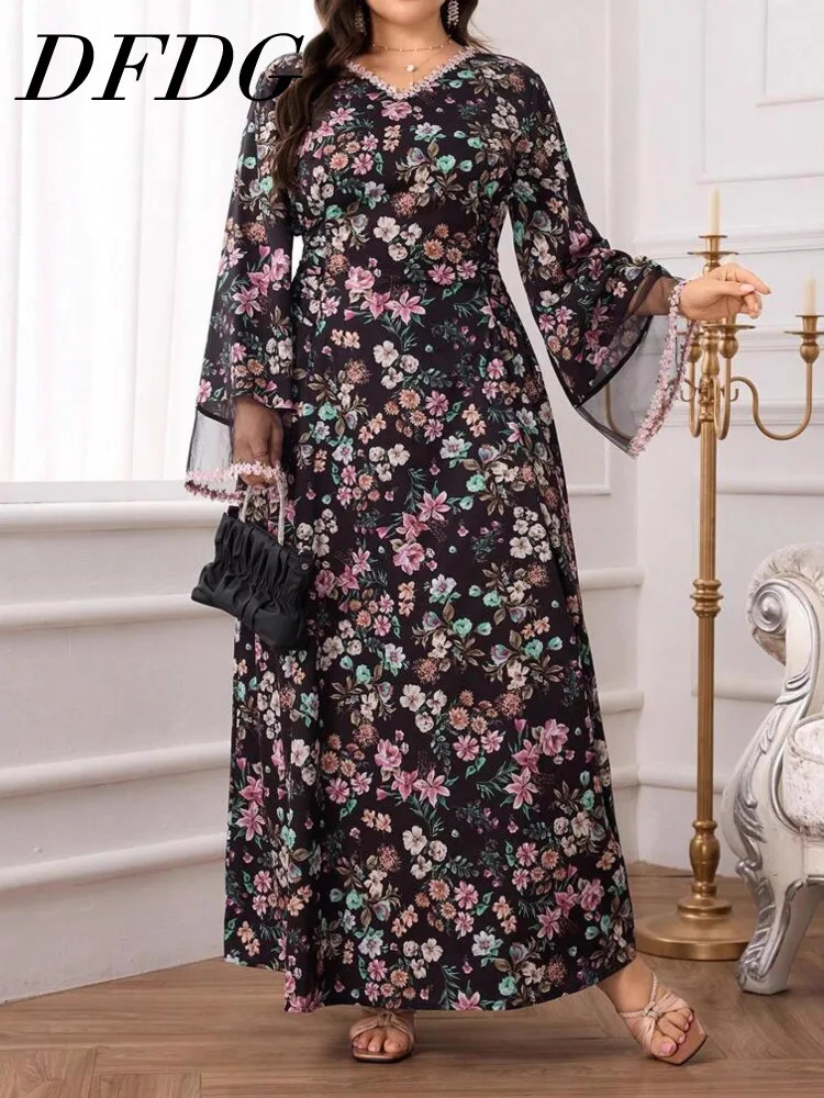 

Женское платье DFDG макси с цветочным принтом, расклешенными рукавами и прозрачными вставками, элегантное повседневное для вечеринок, трендовая женская мода 2026 года