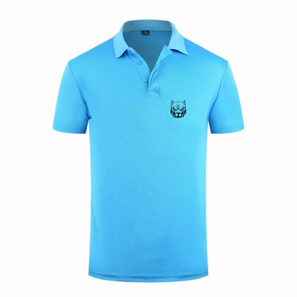 Polo con estampado de cabeza de Pitbull azul claro para hombre, camisetas informales transpirables de secado rápido de verano de manga corta para uso diario