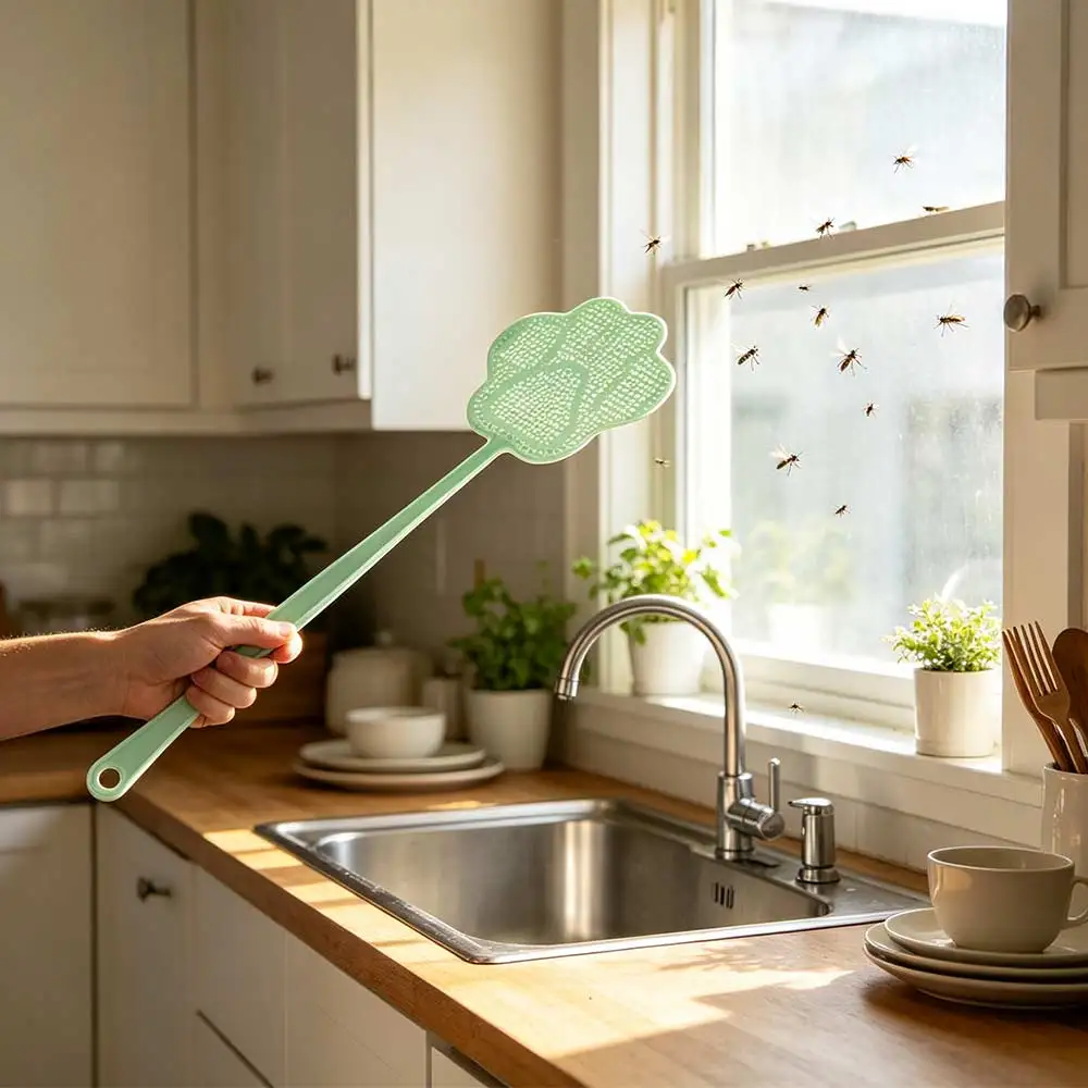 5pcs Mosquito Killing Plastic Thickened Fly Swatter Cute Cartoon Fly-Killing Swatter Manual Long Handle Flies-Racket Bedroom