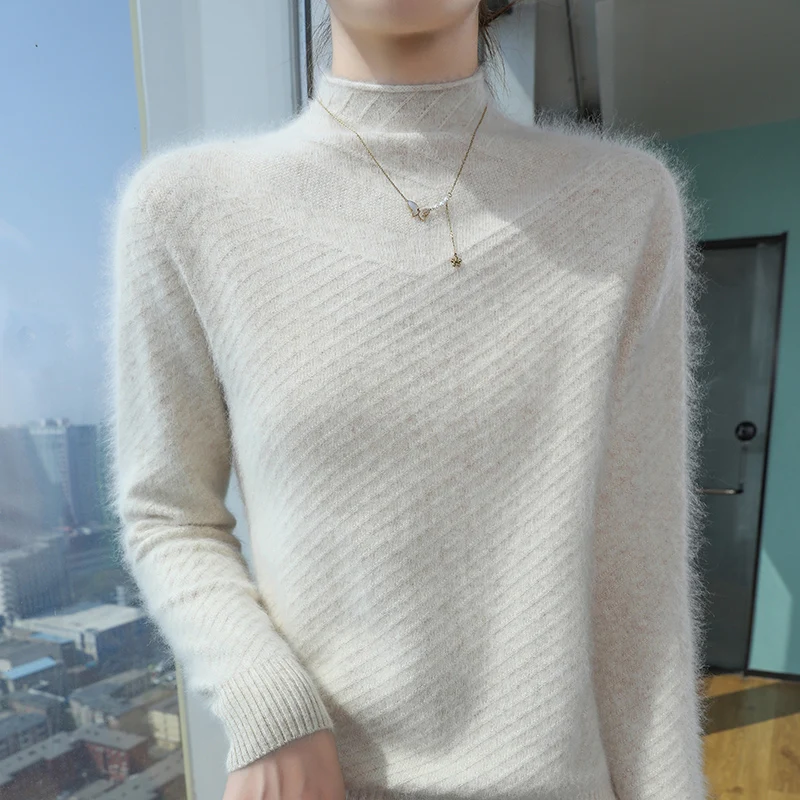 2026 New Arrival Women 100% Pure Mink Cashmere Casual Fashion Sweater Rolled Edge Half Turtleneck Pullover Autumn Winter