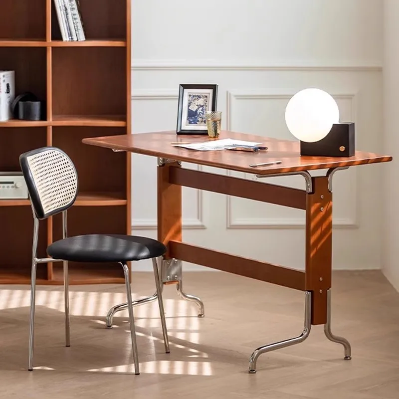 

Medieval solid wood desk retro black long table modern simple stainless steel leg table
