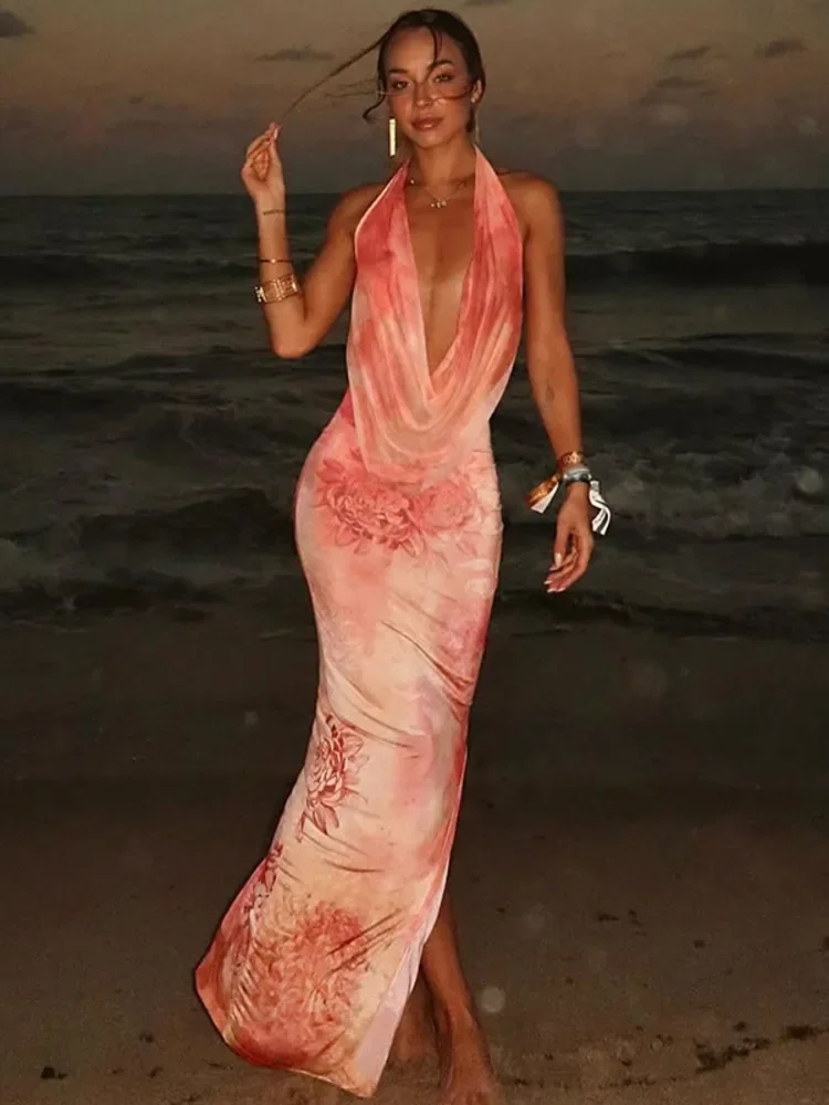 XIAOTANG ホルターバックレスセクシーなマキシドレス女性の夏のディープ V ネックノースリーブハイウエストビーチクラブパーティープリントロングドレス