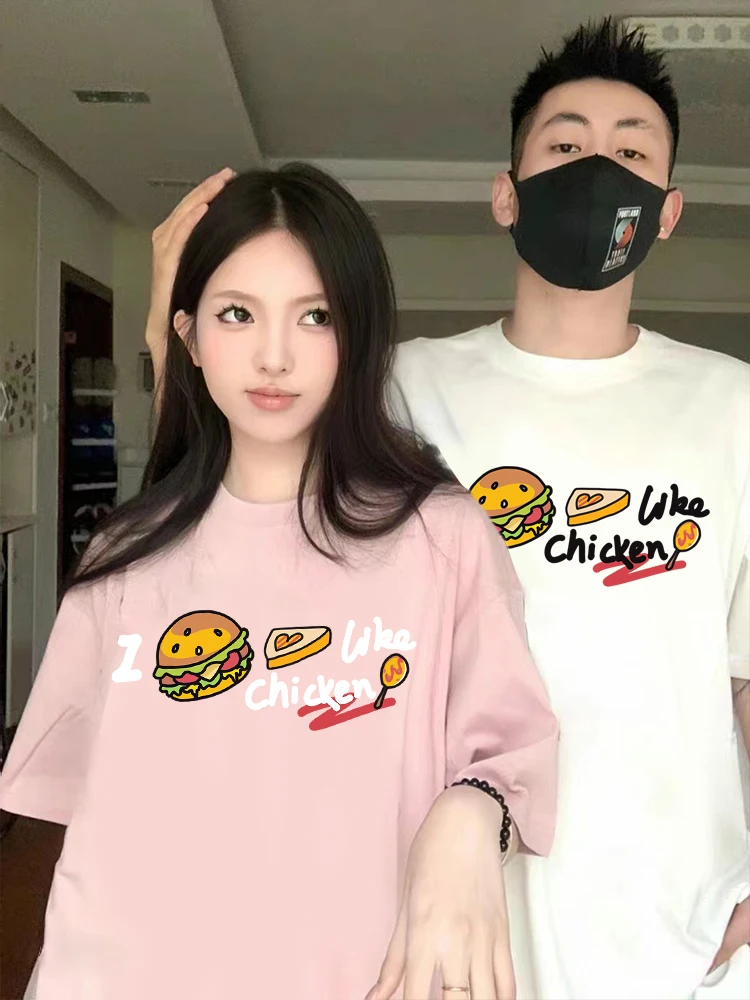 I like Chicken Burger Letter Pattern Couple T-shirt Summer 2024 New Fashion Trend Cotton Short Sleeves