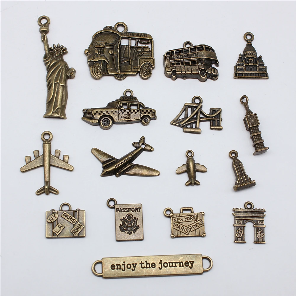 10pcs Vintage Bronze Color Travel Journey Aircraft Passport Trunk Charms Jewelry Making For Necklace Bracelet Keychain Making