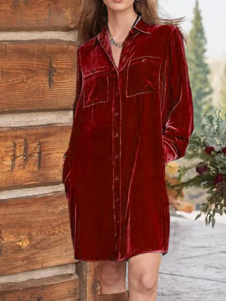 

Модное однотонное платье миди с воротником с лацканами, женское элегантное однобортное свободное вечернее платье, повседневные бархатные платья трапециевидной формы с длинными рукавами