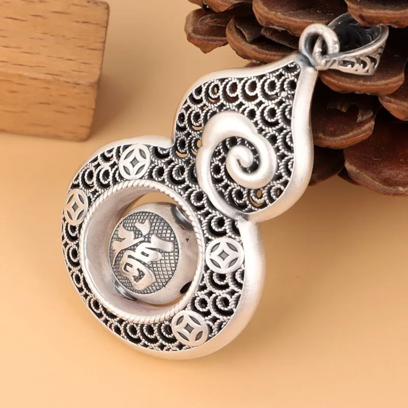 

National Style 925 Silver Hollow Out Round Beads Rotatable Pendant Fashion Vintage Gourd Necklace for Men Classic Style Jewelry