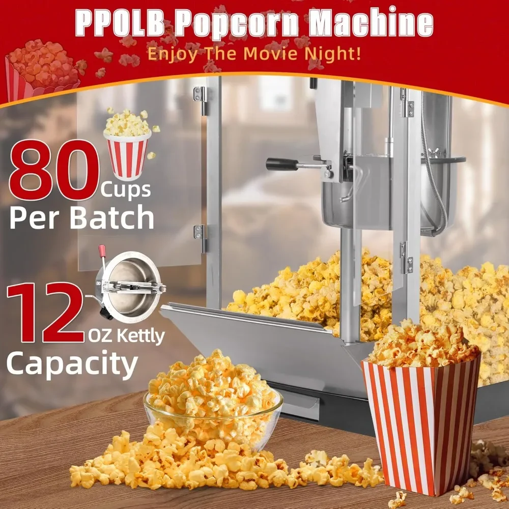 Popcorn Machine, 12 Oz Stainless Steel Kettle, 80 Cups, Retro Cinema Popcorn Maker, with Reject Kernel Tray, Warming Light