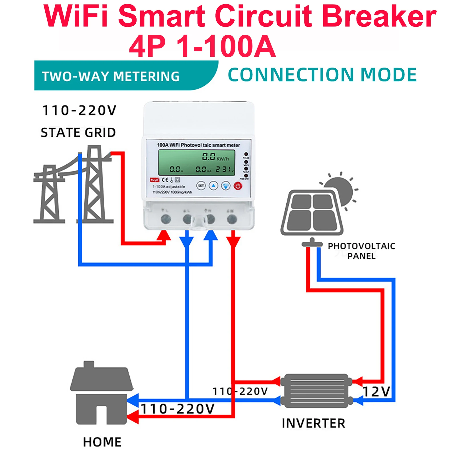 

Умный Wi-Fi автоматический выключатель 4P 1-100А с двунаправленным учетом энергии, голосовым управлением, однофазный, с функцией таймера и защитой от перенапряжения/пониженного напряжения