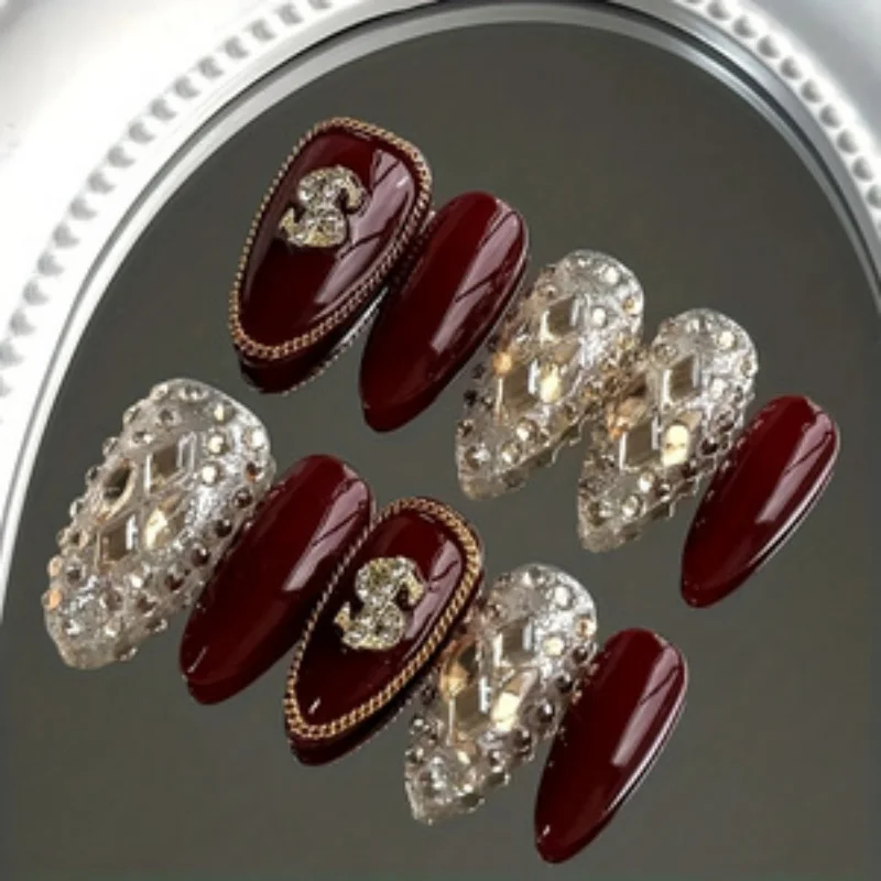 

10 штук накладных ногтей ручной работы в форме миндаля, красивые искусственные ногти, винно-красные глянцевые стразы, подходят для женщин.