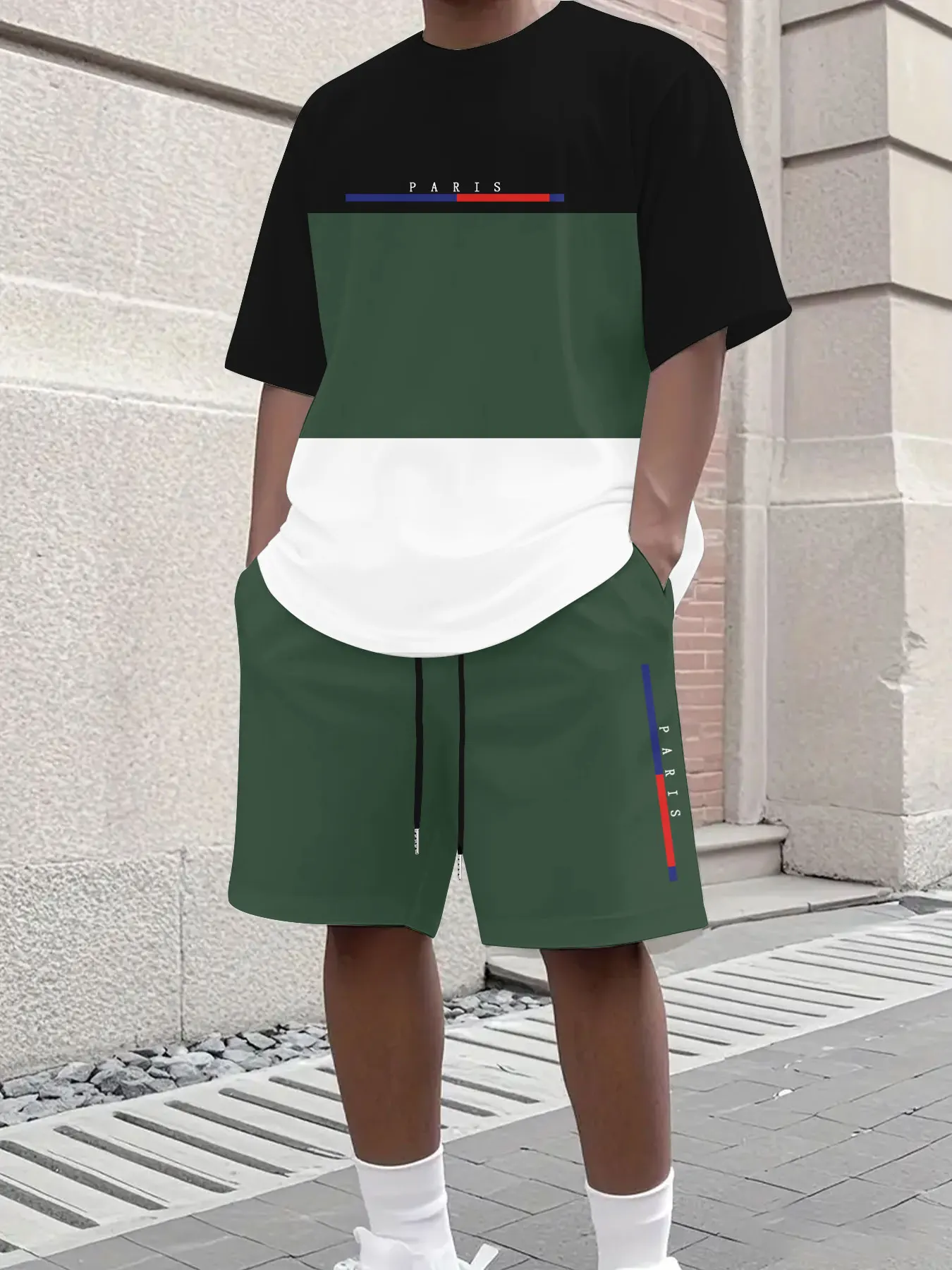 

Men's Tri-Color Block Trendy Athletic Casual Drawstring Shorts Short Sleeve Breathable Comfort Outfit Set