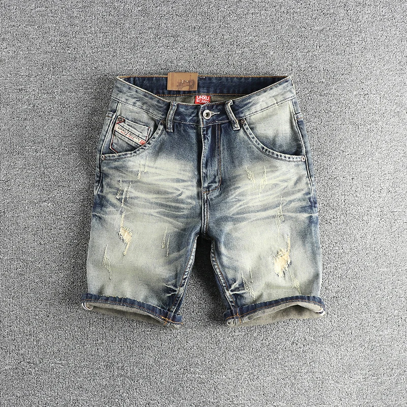 Heavy retro wash cat beard hole denim shorts men slim small straight leg European and American trend summer quarter pants