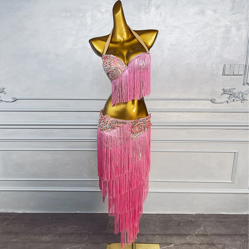 

Women Pink Sequin Tassel Top+short Skirt 2pcs Belly Dance Costume Set Performance Costume Custom Drum Solo Short Suit
