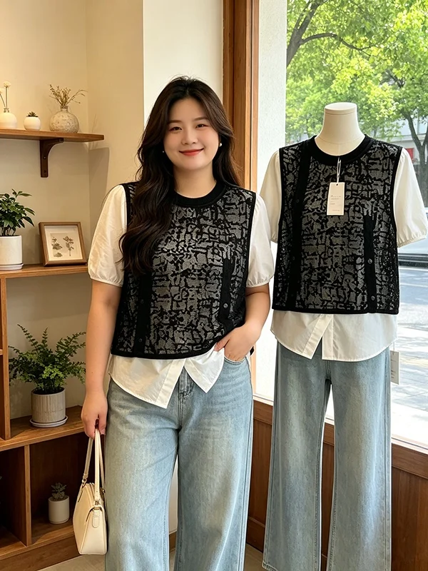 

Loose Fit Short Sleeve Shirt Women's Fashion Korean Style Summer 2026 New Arrival Fake Two-Piece Top Versatile Age-Defying