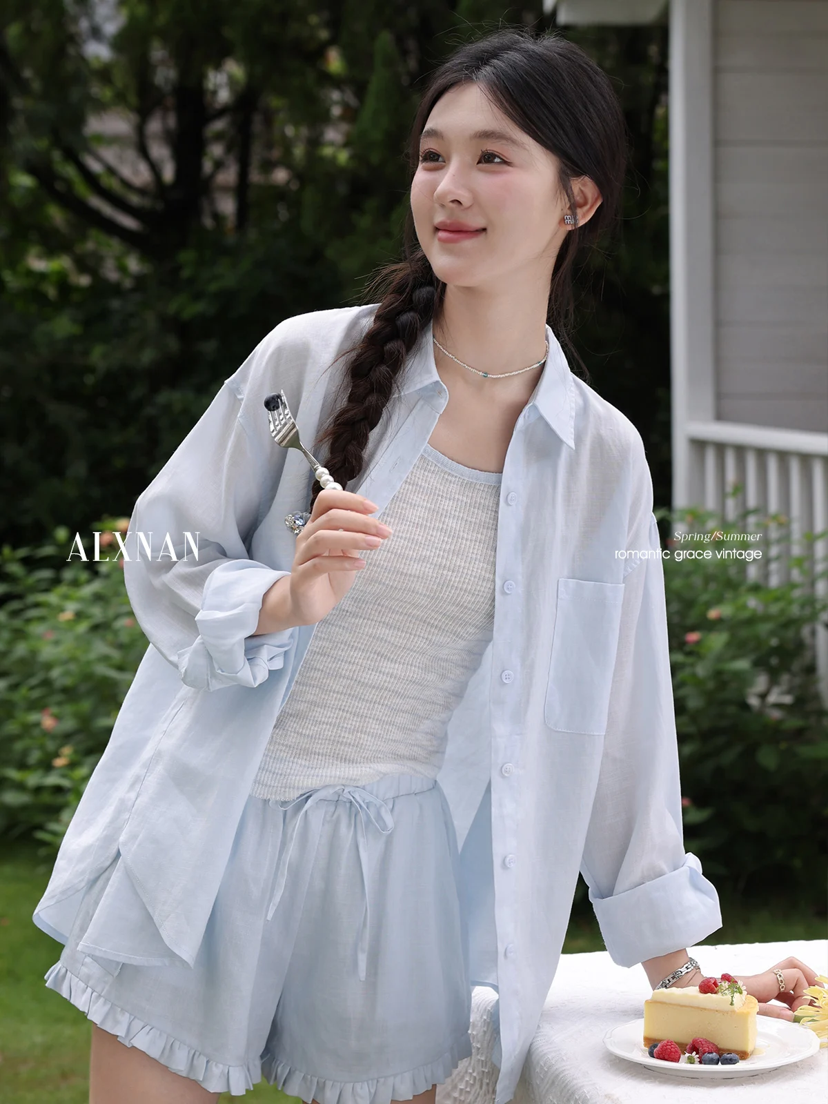 Alxnan shorts femininos azul casual perna larga baggy shorts 2025 verão cintura elástica cordão renda design calças curtas l56568dk