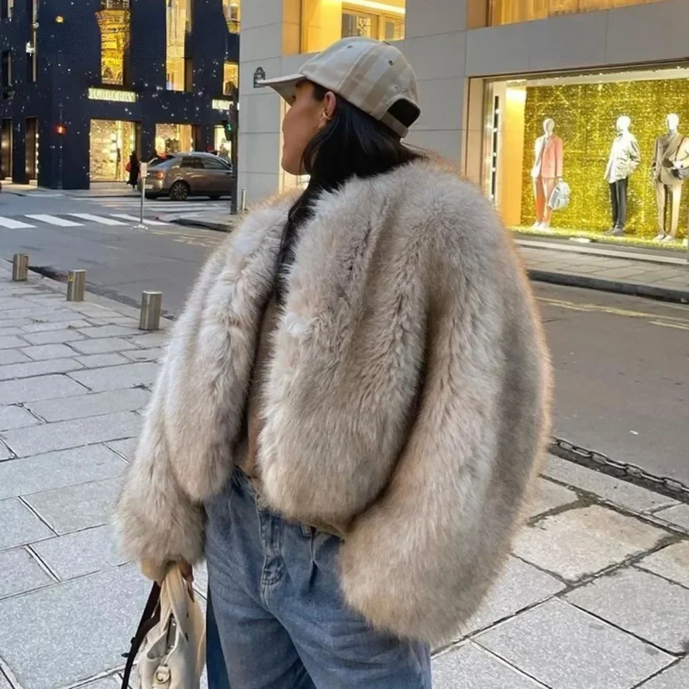 OFTBUY Nepbont Jas Dames Street Fashion Week Luxe Merk Bontjas Milieuvriendelijke Gardient Cropped Winter Meisjes Pluizige Korte