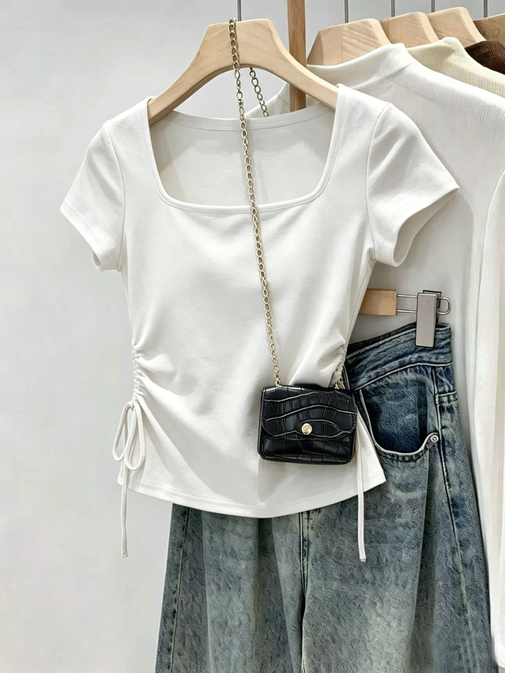 Summer Pumpkin Color Square Collar Short Sleeve T-Shirt Women's New plus Size Drawstring Waist Slimming Top Cotton 95% Elasti...