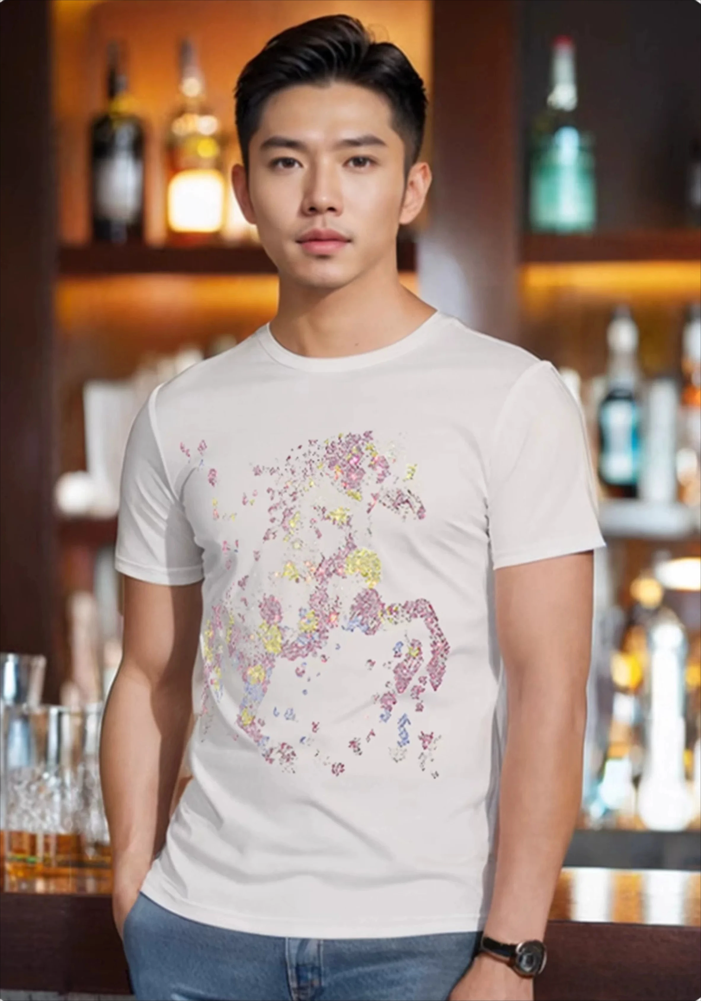 Summer New Men Fashion Colorful Horse Rhinestone Design High End Round Neck Short Sleeve Black White Daily Streetwear T-Shirt