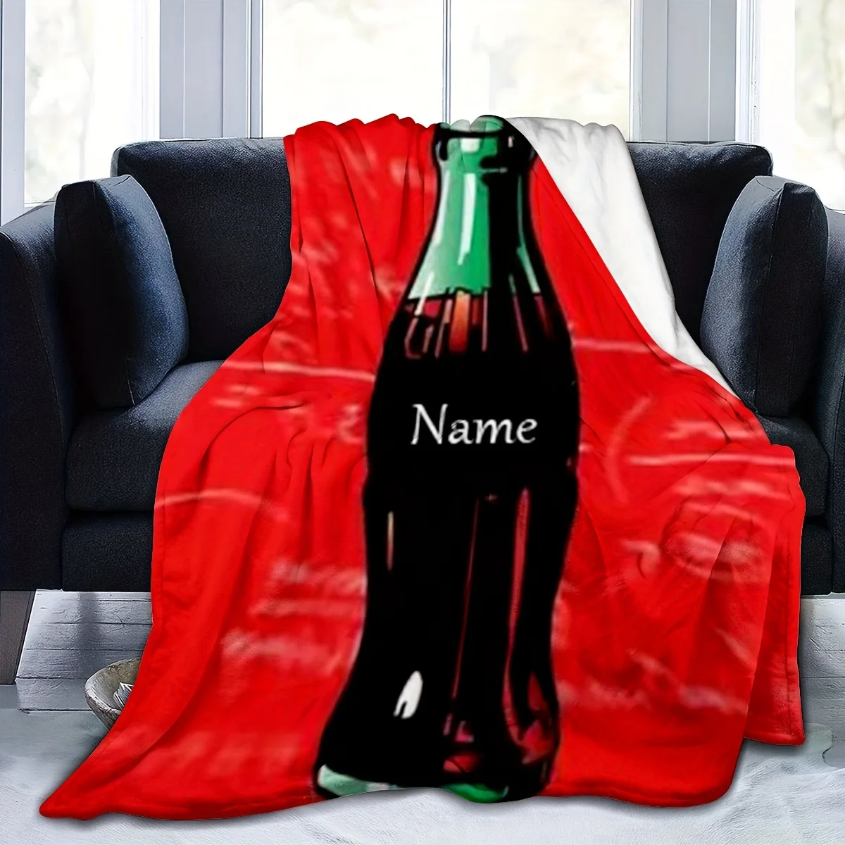 Customize 1pc Customizable Name Soda Bottle Design Throw Blanket - Cozy Flannel, Multi-Purpose Nap & Gift Blanket for Friends an