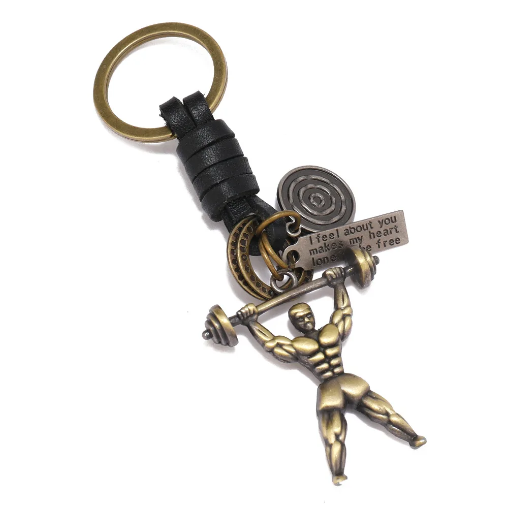 Handmade Woven Vintage Keychain for Creative Minimalist Style Alloy Weightlifting Pendant Key Ring for Backpack Accessory