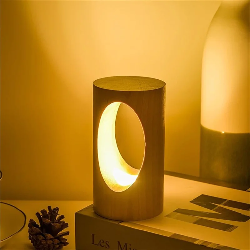 Beech Tree Hole Lamp Simple Cylindrical Solid Wood Night Light, Creative Night Light LED Plug-in Table Lamp